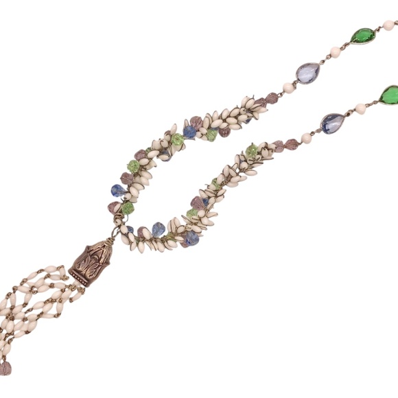 Vintage Beaded White Tassel Necklace Purple Green Blue Glass Crystal Beads - Picture 6 of 10